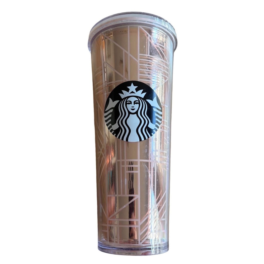 Starbucks 2017 Rose Gold Geometric Art Deco Venti Cold Tumbler 24oz No Straw EUC